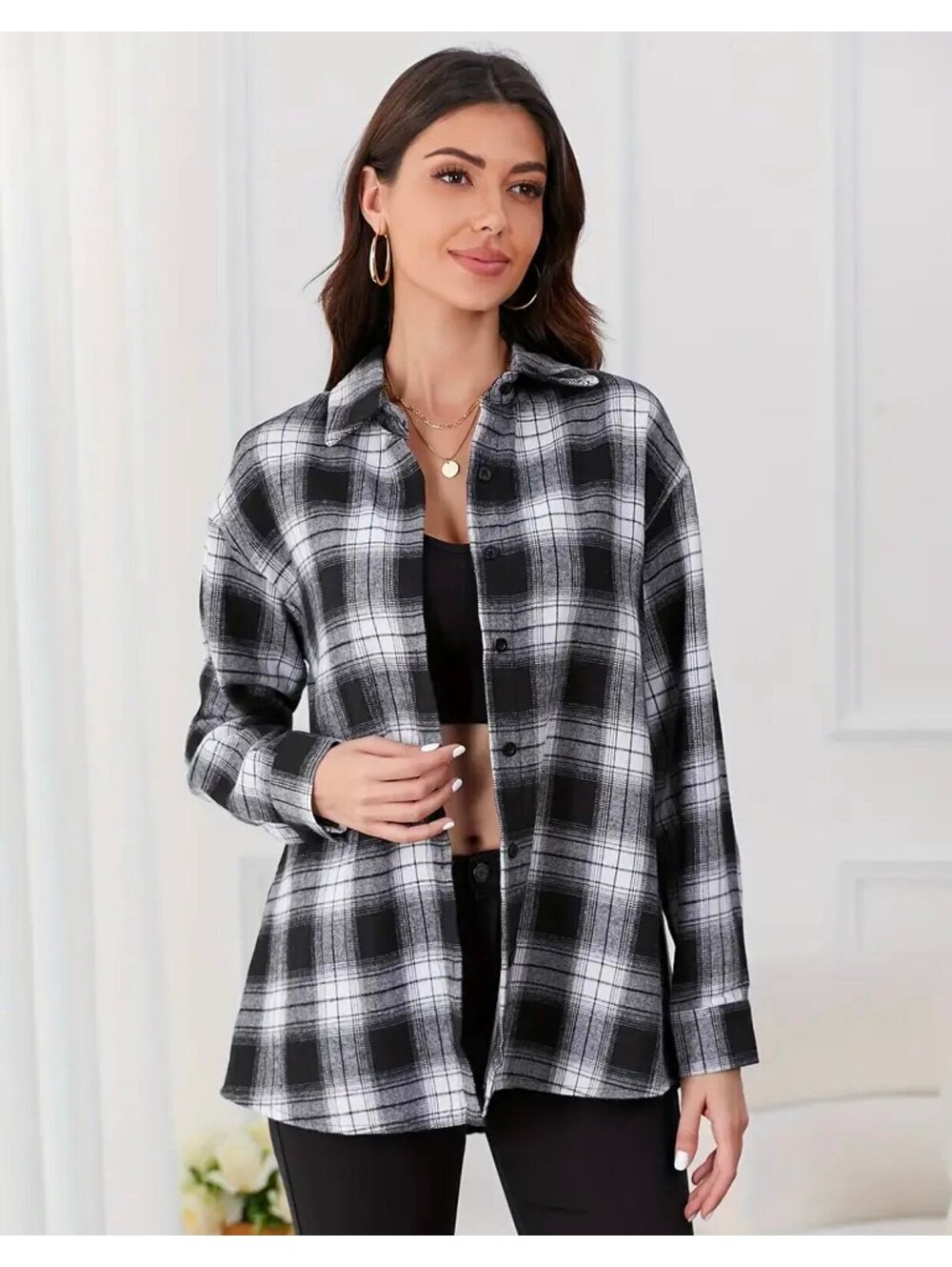 New - Stylish Plaid Flannel Long Sleeve Shirt Jacket - Black/White - Size XL